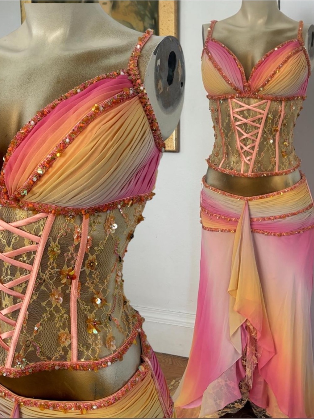 Y2K Pink & Orange fairy Ombre Lace-Up Bustier Corset Top and fairy skirt set - Picture 6 of 7